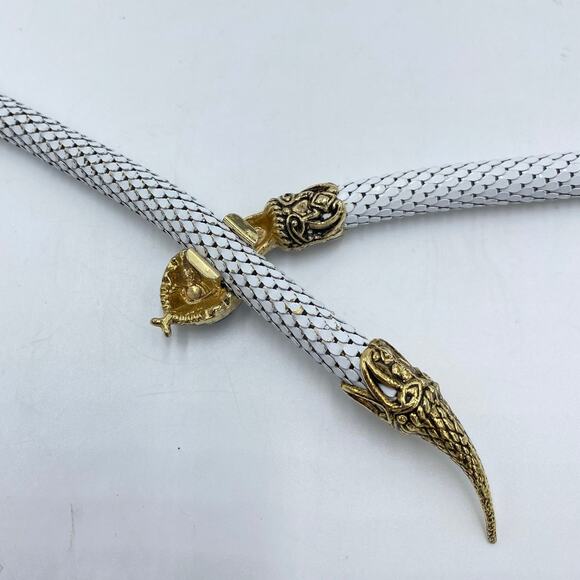 Vintage DL Auld Snake Head White Metal Mesh Adjustable Choker Necklace Or Belt
